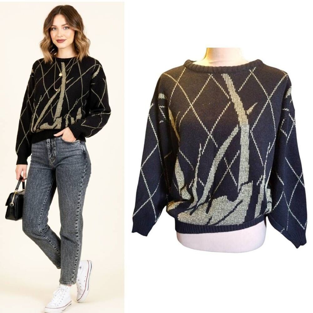 VTG 80s Black Metallic Gold Art Deco Palm Glam Knit Sweater *Fits like Large